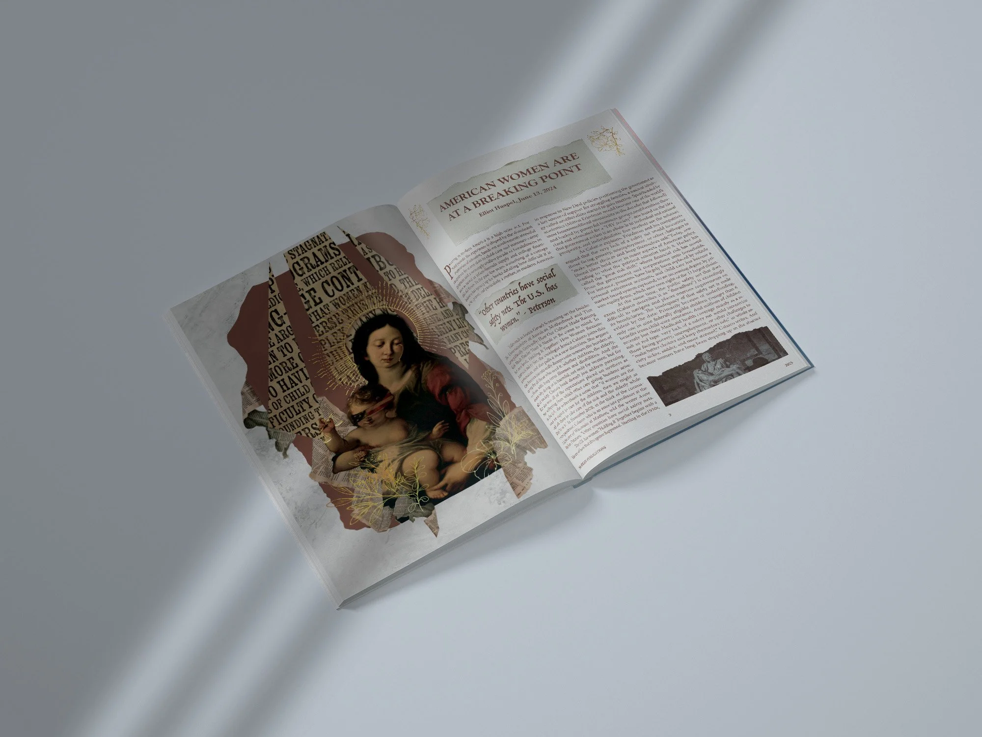 An open magazine displaying an article titled 'American Women Are at a Breaking Point' with a mixed-media illustration of a woman holding a child, partially surrounded by torn newspaper and floral elements.