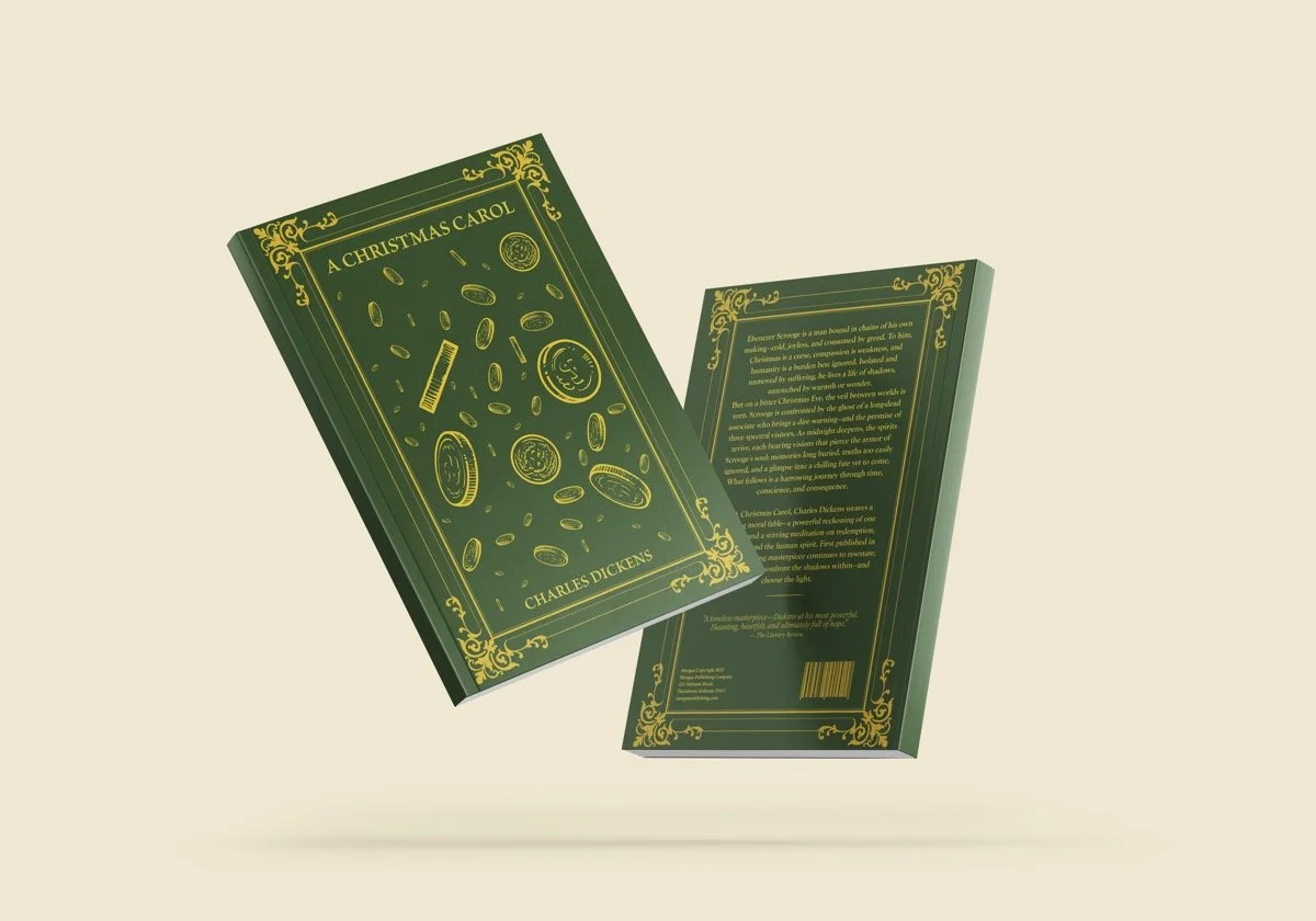Front and back of a green book titled "A Christmas Carol" by Charles Dickens with gold decorative borders and designs.