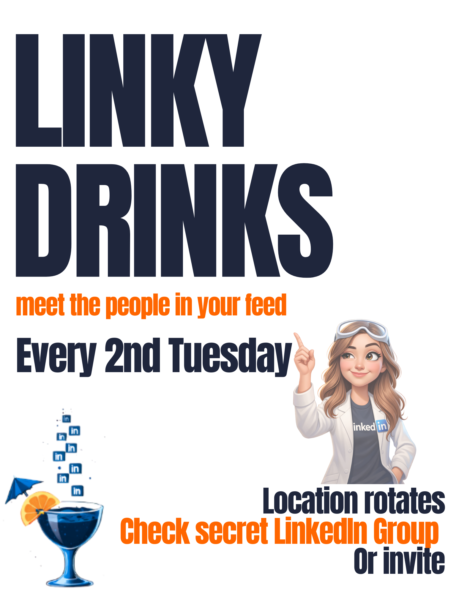 Linky Drinks - an event to meet people from LinkedIn in Raleigh every 2nd Tuesday, location rotates. Register to join.