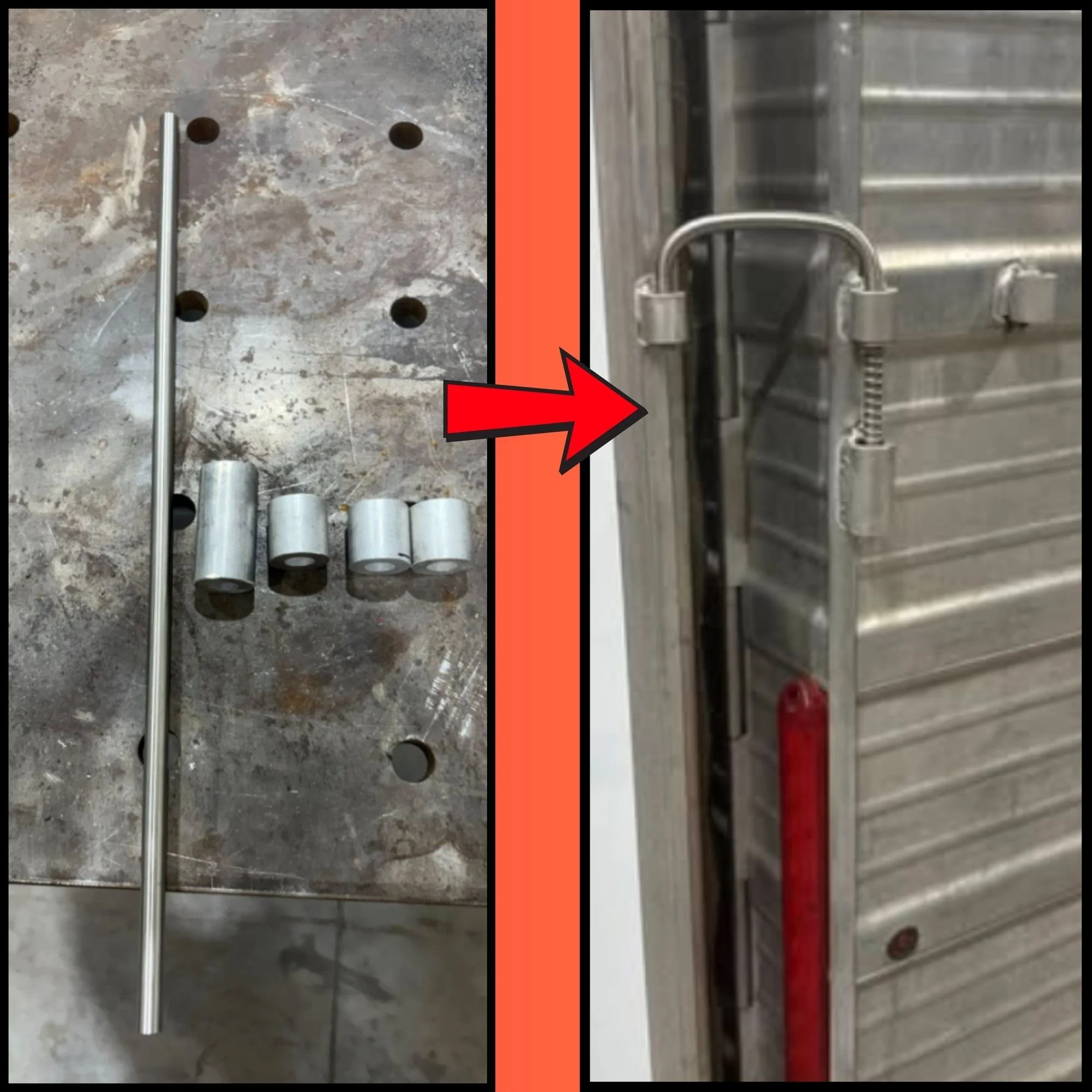 A before and after image of a metal rod and some bushings fabricated together to repair a stock trailer with quality welds and good service.
