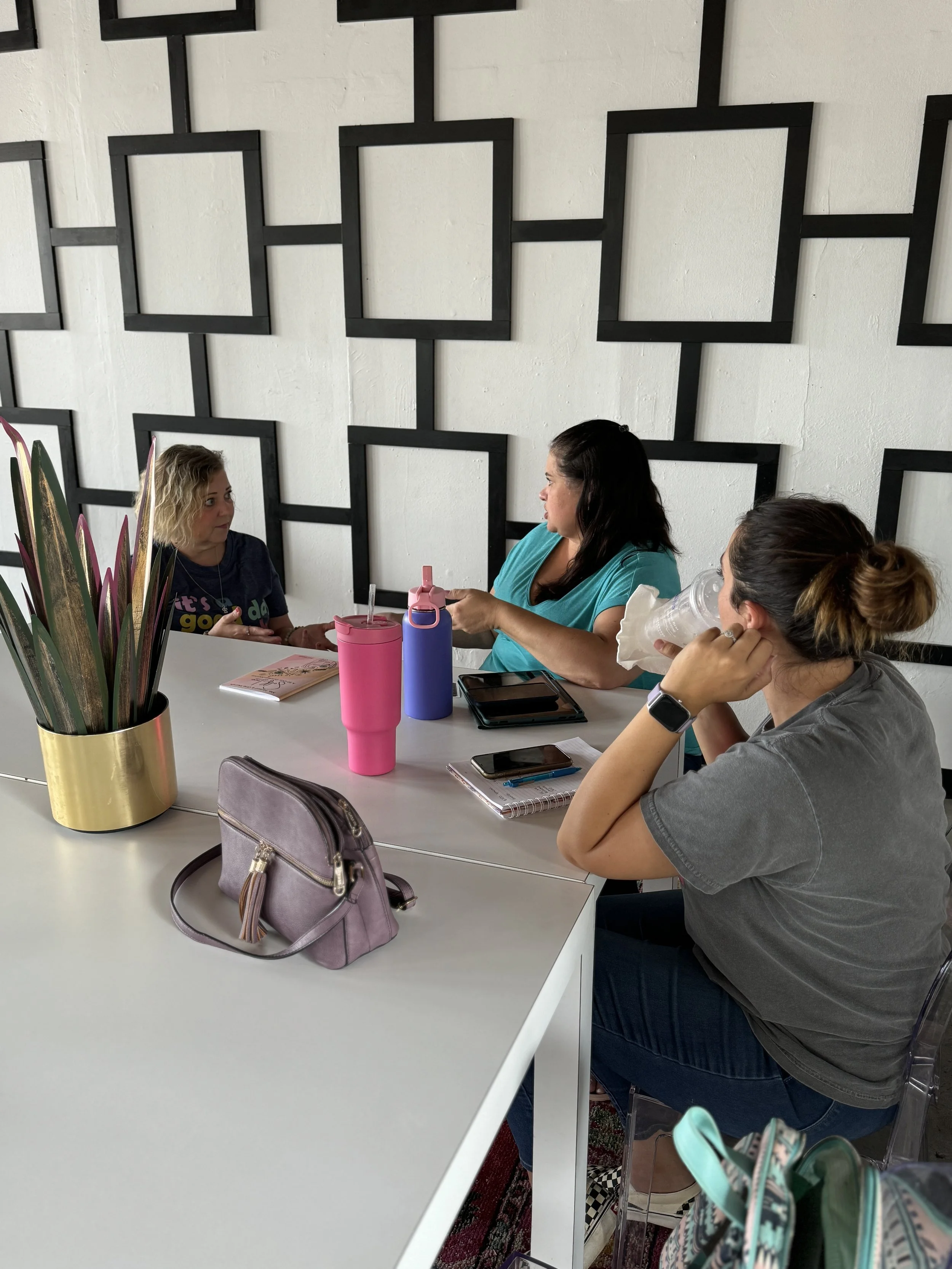 Three women sitting at a white table engaged in conversation, with water bottles, notebooks, and phones in front of them, and a large decorative plant in a gold pot on the table.