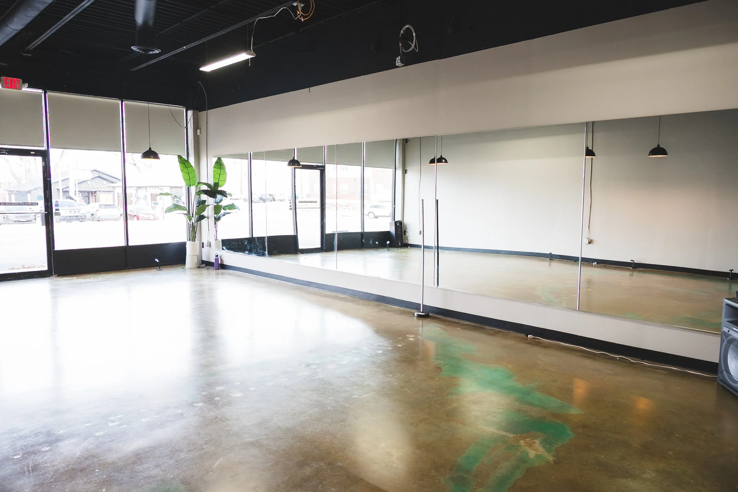 An empty dance studio with large front windows, a mirror wall, a potted plant, and black ceiling lights.