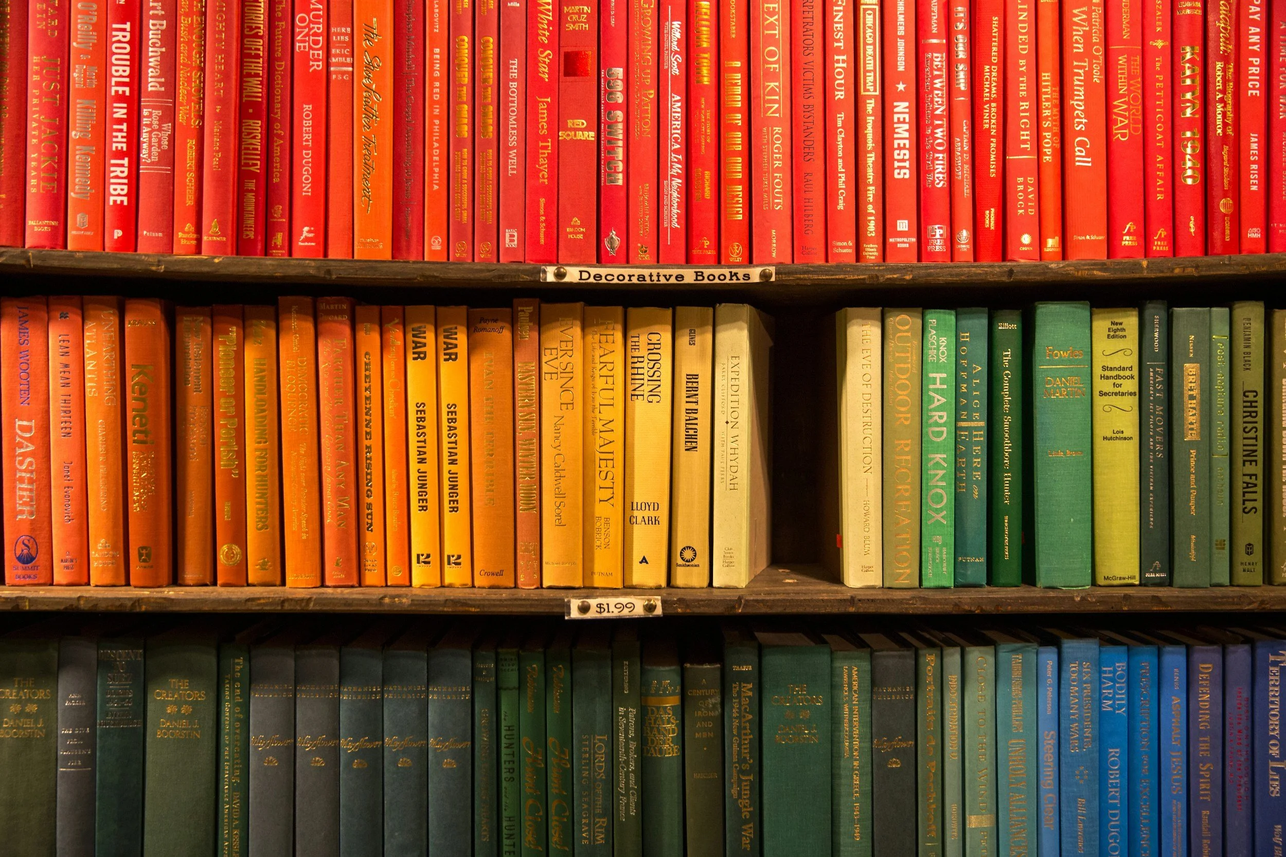 Bookshelves filled with books organized by color, labeled as 'Decorative Books', with the middle section of yellow books and another section of green books.