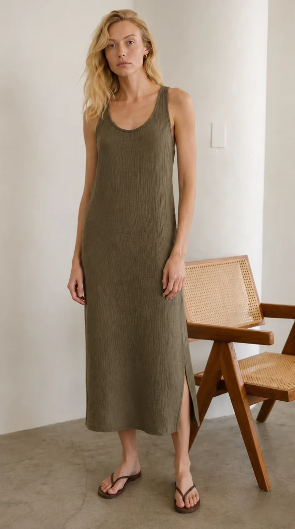 Felicite - Racerback Midi Dress 100% Cotton Gauze - Military