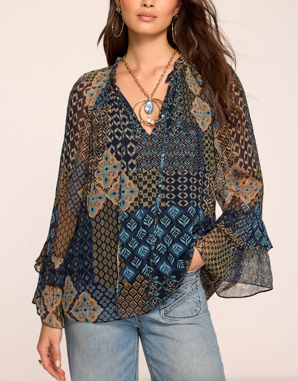 Ramy Brook - Anya Printed Top Flowy Chiffon Long Sleeve Top