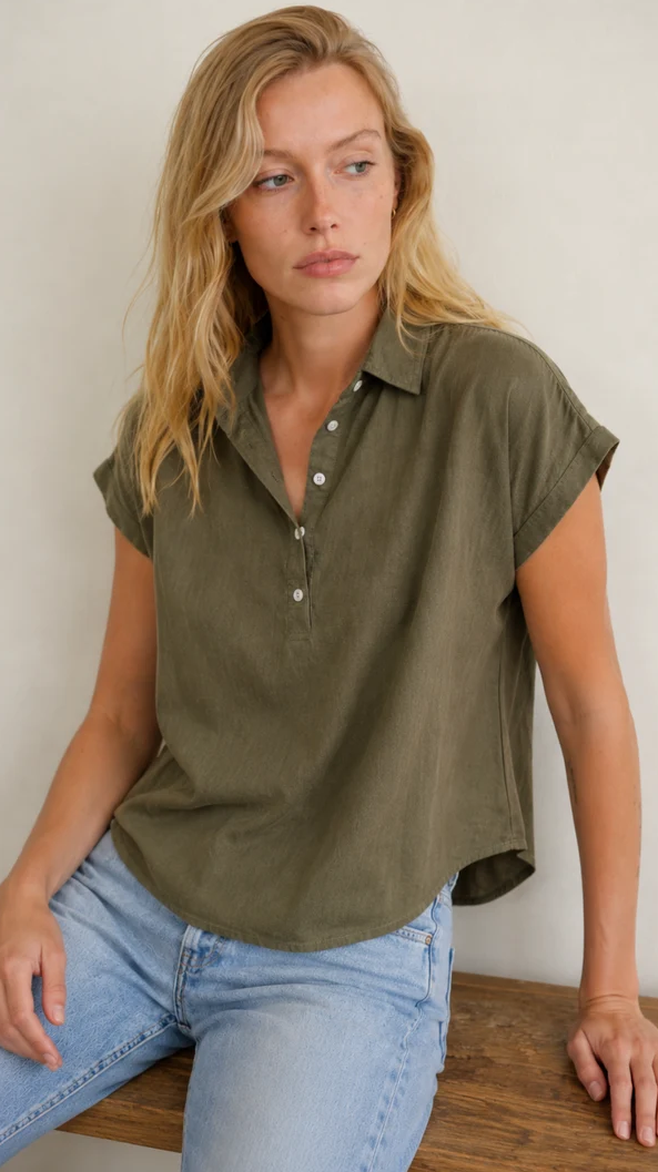 Felicite - S/S Henley 55% Linen 25% Cotton 20% Rayon  Blend - Military