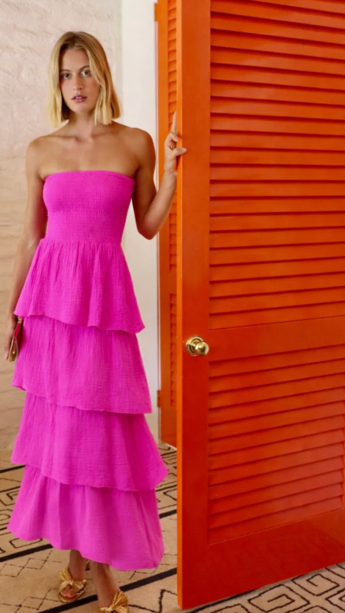 Strapless Tier Maxi Dress Gauze - Hot Pink
