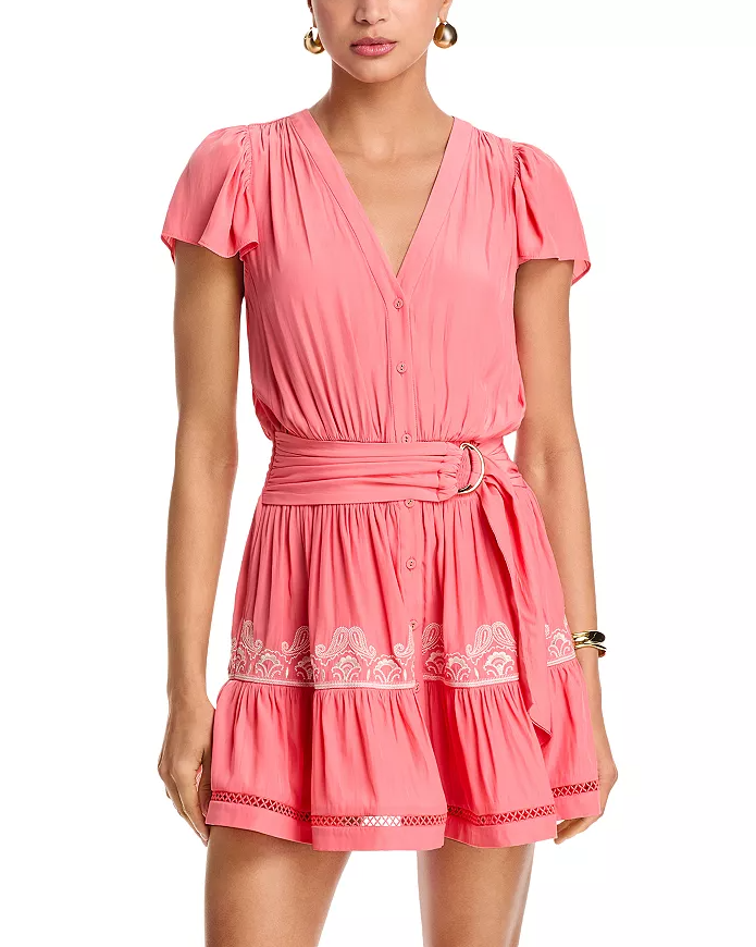 Ramy Brook - Aster Embroidered Mini Dress  V Neck Dress in Coral