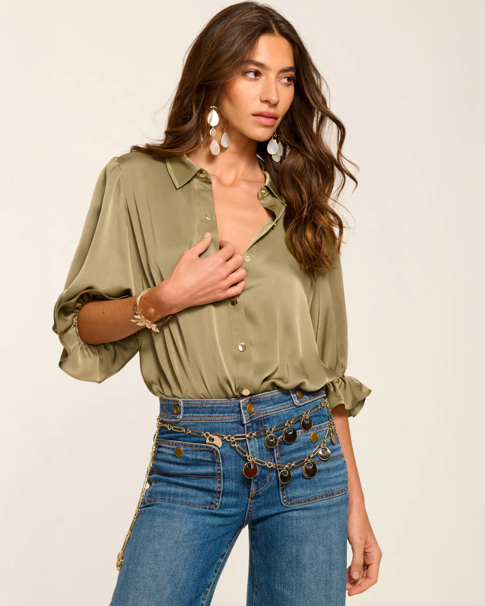 Dina Button Down Bodysuit Satin Blouse Bodysuit with Puff Sleeves in Safari