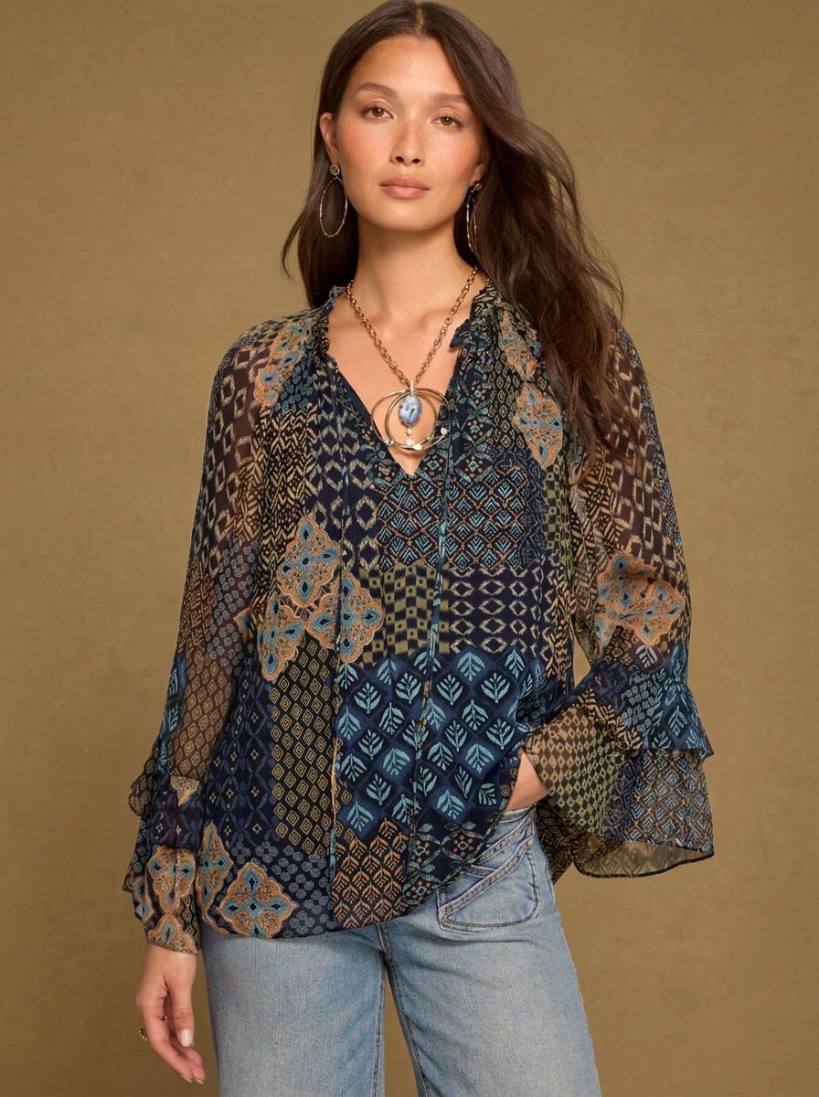 Ramy Brook - Anya Printed Top Flowy Chiffon Long Sleeve Top