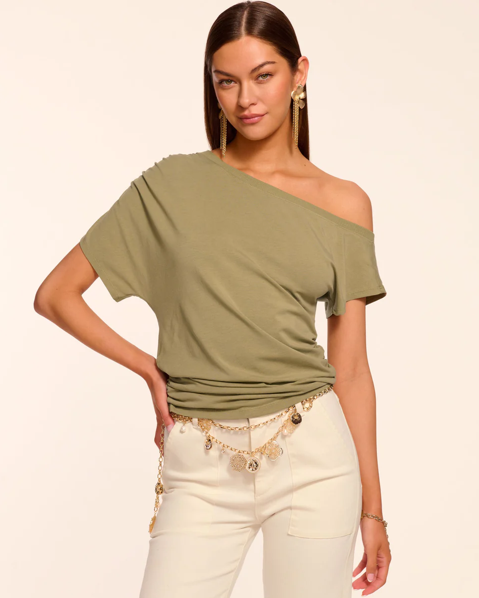 Stella Knit Off-The-Shoulder Tee in Safari Green