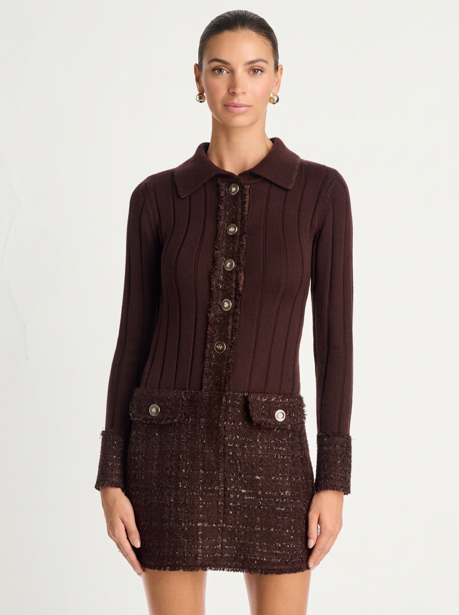 Ramy Brook  - Ellen Lurex Tweed Collared Dress in Heritage Brown