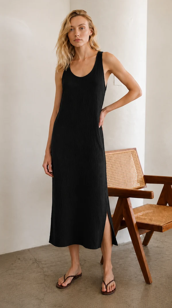 Felicite - Racerback Midi Dress 100% Cotton Gauze - Black