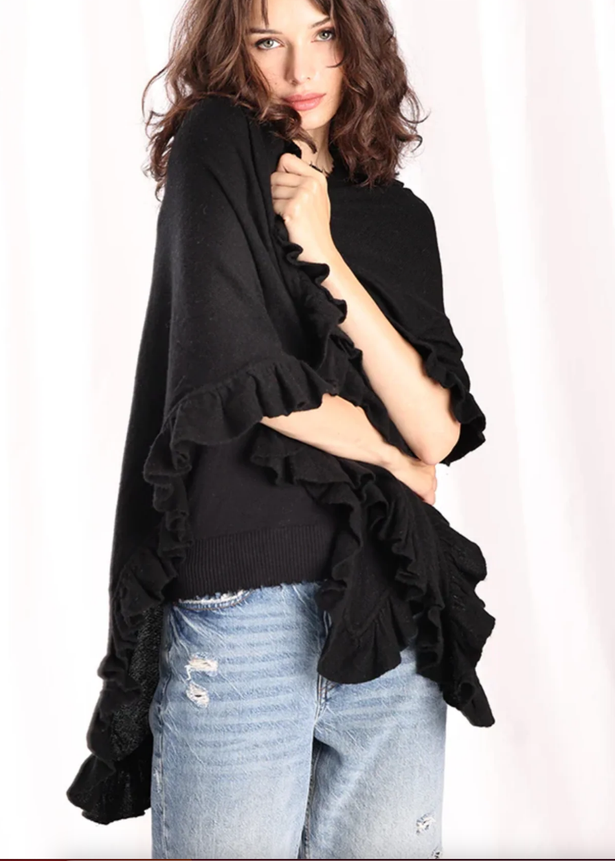 Minnie Rose - Cashmere Ruffle Shawl in Black