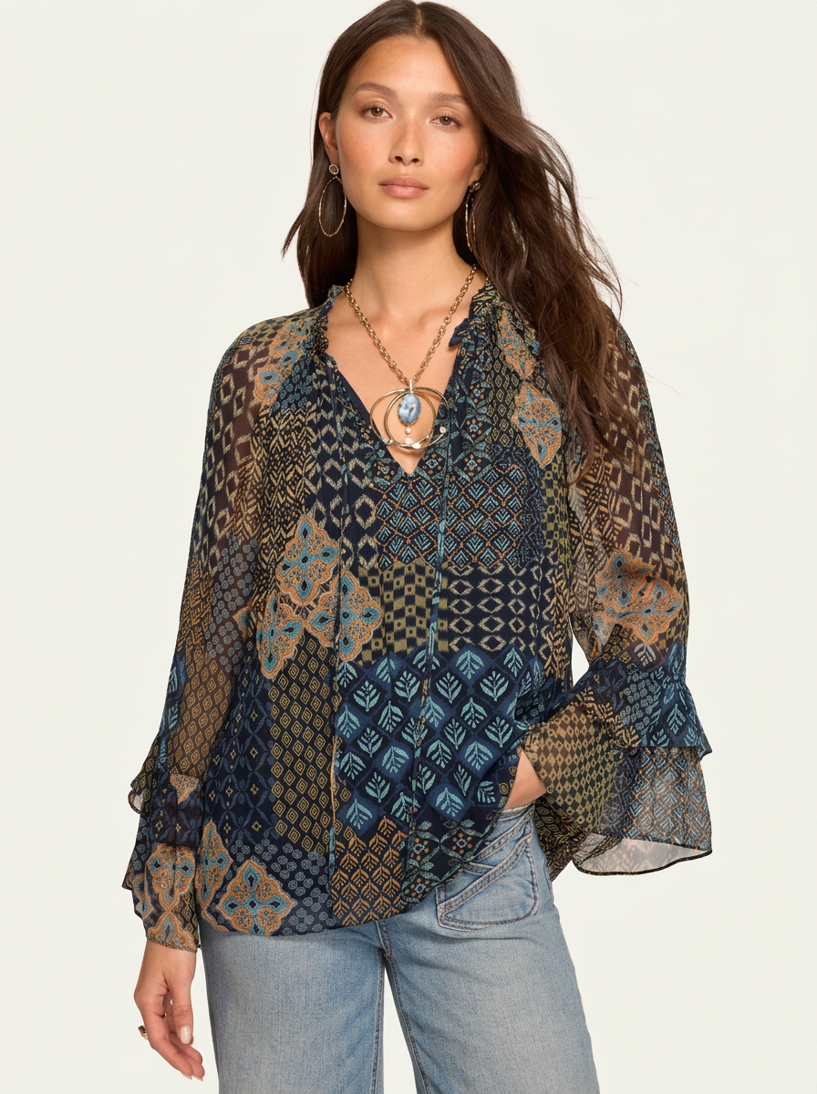 Ramy Brook - Anya Printed Top Flowy Chiffon Long Sleeve Top
