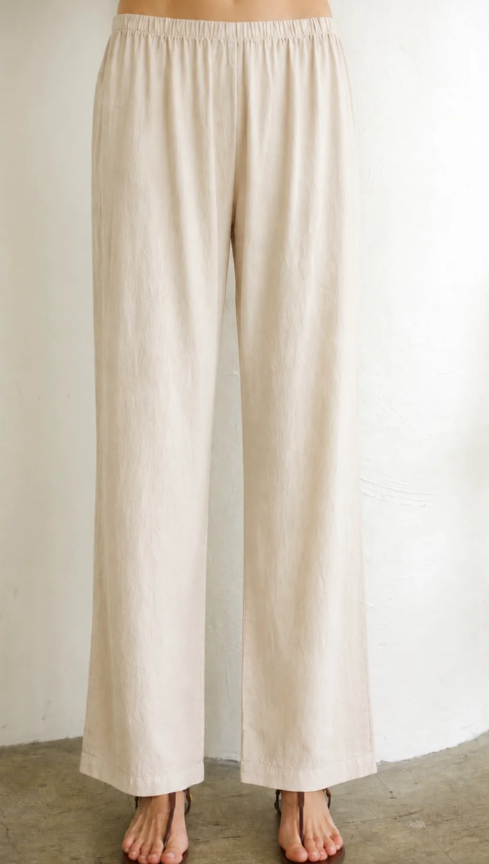 Felicite - Elastic Band Pant 55% Linen 25% Cotton 20% Rayon  Blend - Light Tan