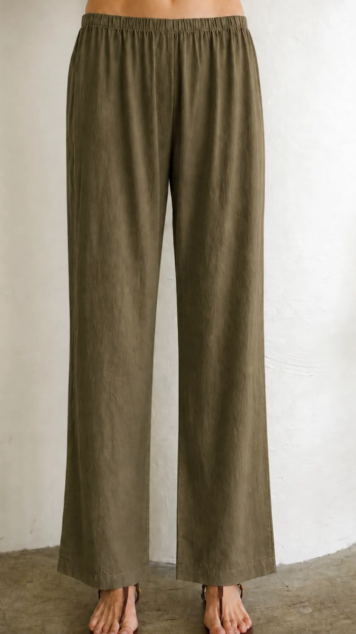 Felicite - Elastic Band Pant 55% Linen 25% Cotton 20% Rayon  Blend - Military