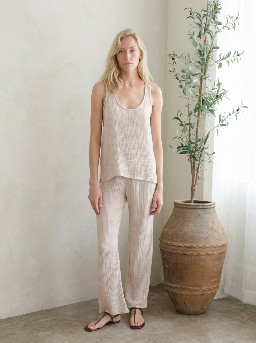 Felicite - Elastic Band Pant Gauze in Tan