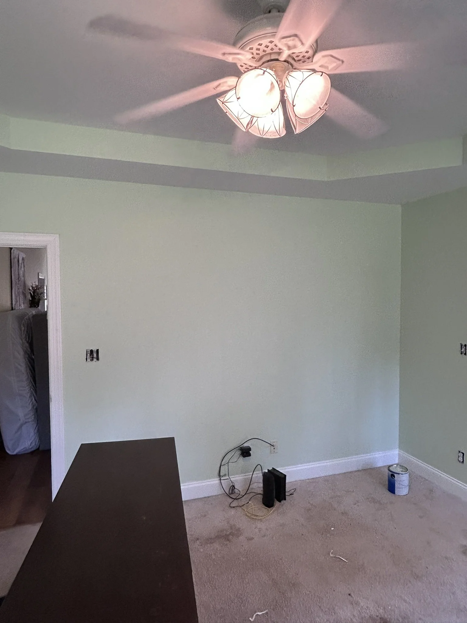 A room with light green walls and a ceiling fan with multiple light bulbs turned on. There is a small black electronic device on the beige carpeted floor, with wires connected to an outlet. A can of paint and a black object are also on the floor. An 
