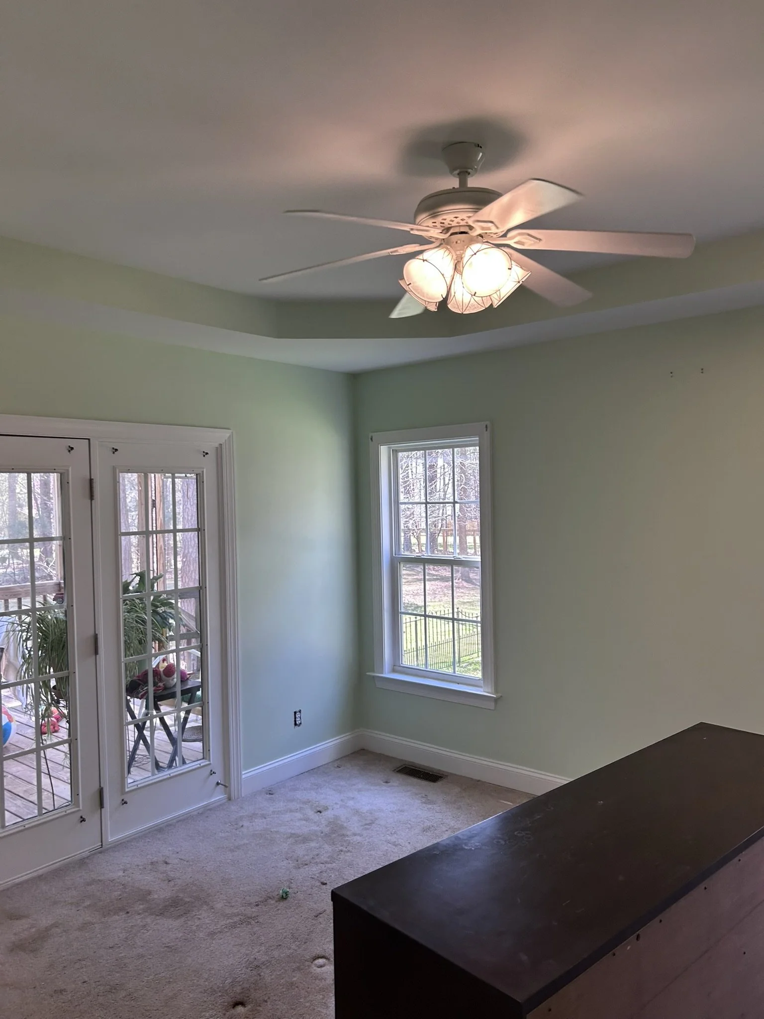 A living room with light green walls, two windows, sliding glass doors leading outside, a ceiling fan with lights, a dark wood table near the right side, and some items on a small table outside on the patio.