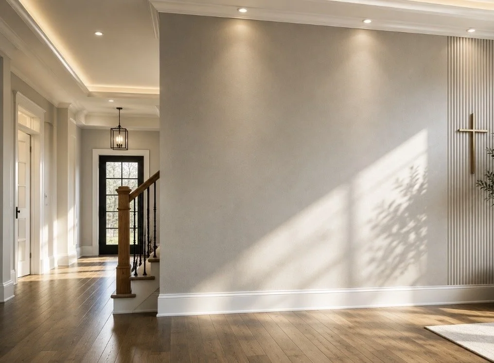 Living room with light-gray walls, wooden flooring, and a wall decoration with a cross and greenery shadow, illuminated by natural light.