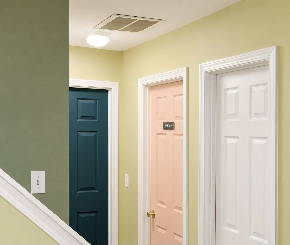 Son wanted his door blue, daughter wanted hers white. The walls were also freshly painted.