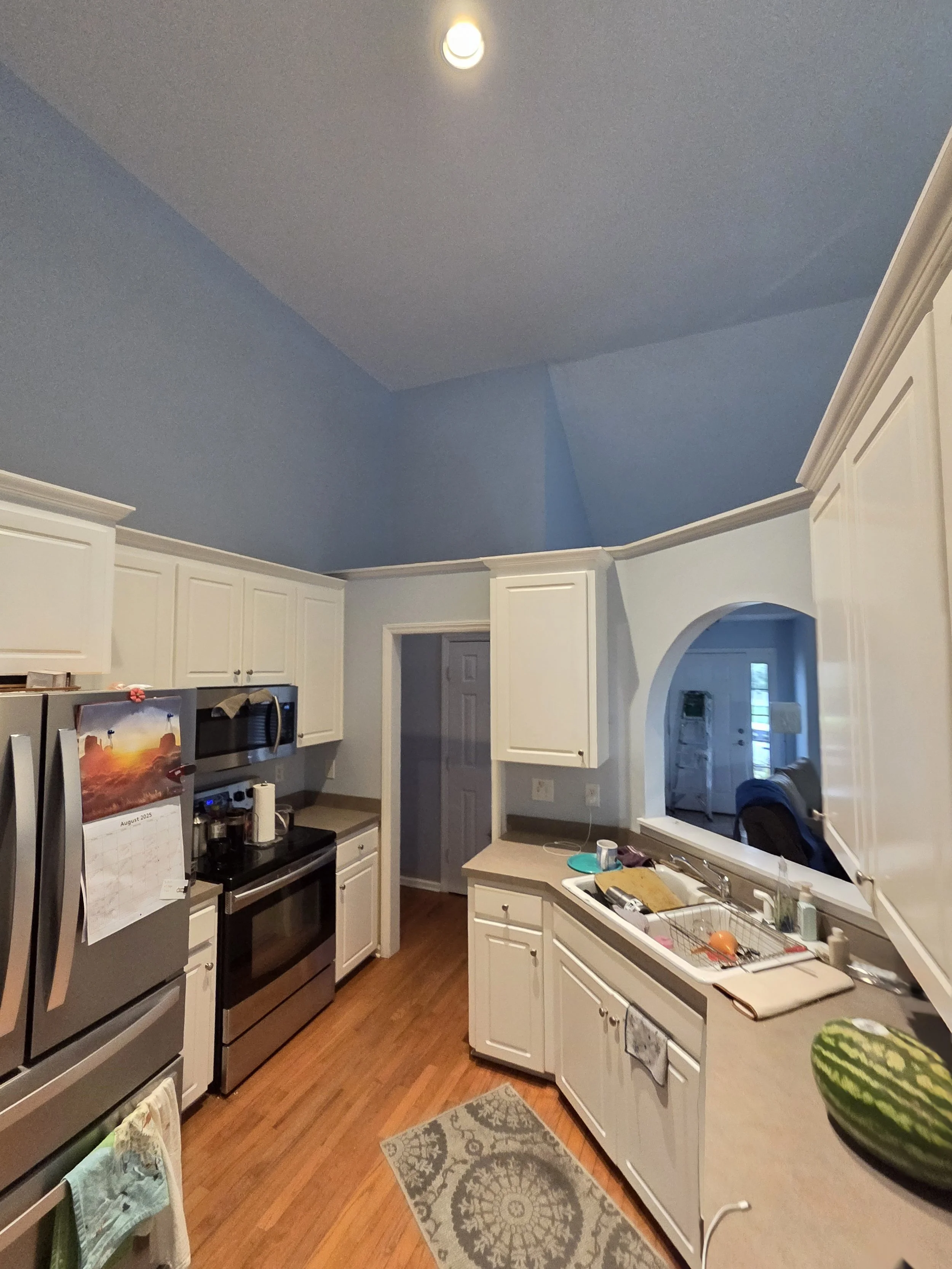 A kitchen with white cabinets, stainless steel appliances, a beige countertop, a sink, and a llama-shaped watermelon on the counter. The ceiling is painted blue with a recessed light, and there is a small rug on the wooden floor.