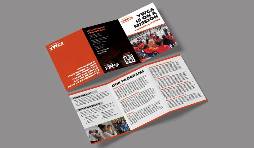 Brochure on YWCA mission and programs, featuring red, black, and white colors, with images of community gatherings.