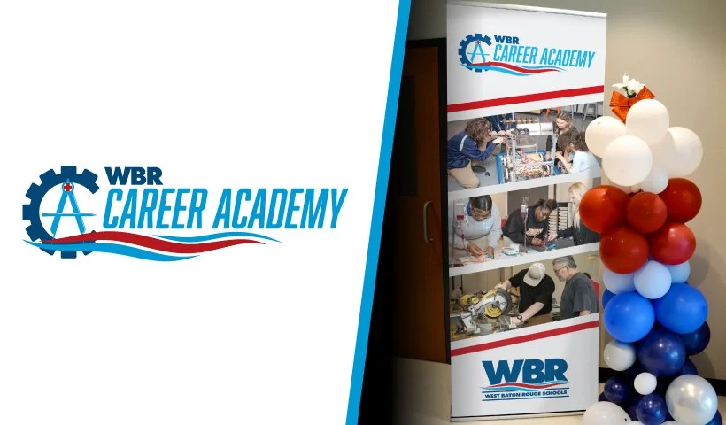 Signage for WBR Career Academy with images of students working on various projects in a classroom, decorated with red, white, and blue balloons.
