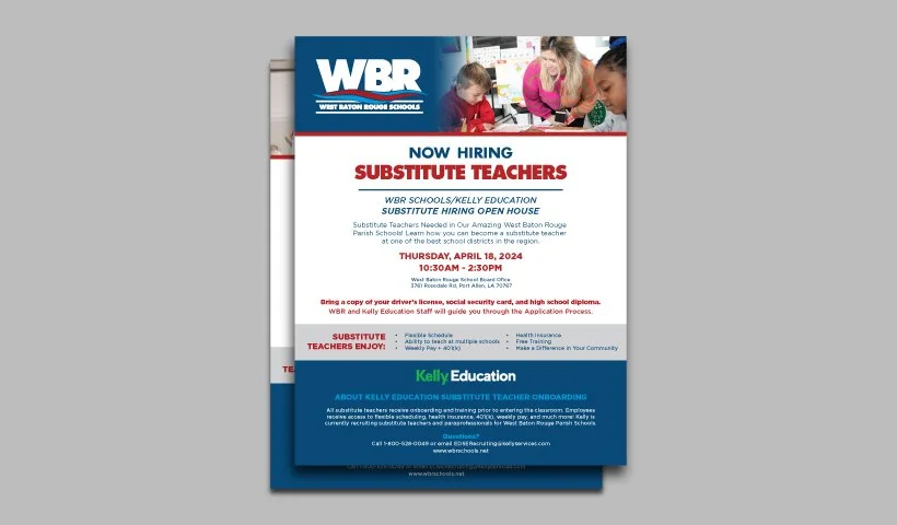 Flyer announcing substitute teaching positions at West Baylon School, with details about the hiring event on April 18, 2024, and qualifications needed.