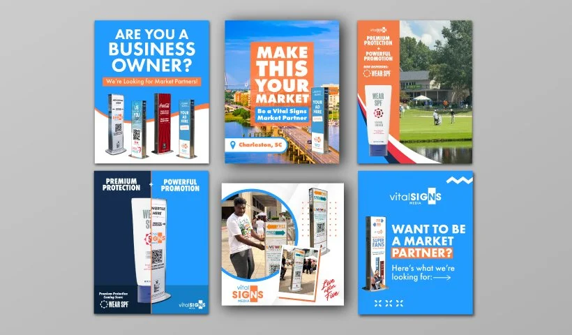 A collection of six promotional posters for Vital Signs Media, a company specializing in digital signage. The posters feature colorful designs, market partnership messages, outdoor advertising, and a photo of a man installing signage.