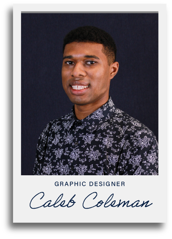 Portrait of Caleb Coleman, a graphic designer, wearing a black shirt with white floral pattern, standing against a dark background.