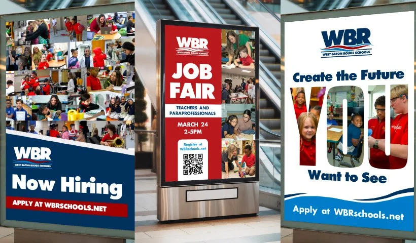 Three informational signs at West Baton Rouge Schools promoting job fairs, hiring, and career opportunities for teachers and paraprofessionals.