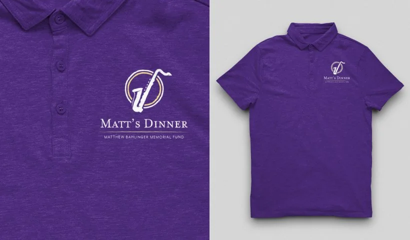 A purple polo shirt with the logo and text for Matt's Dinner and Matthew Bahlinger Memorial Fund.