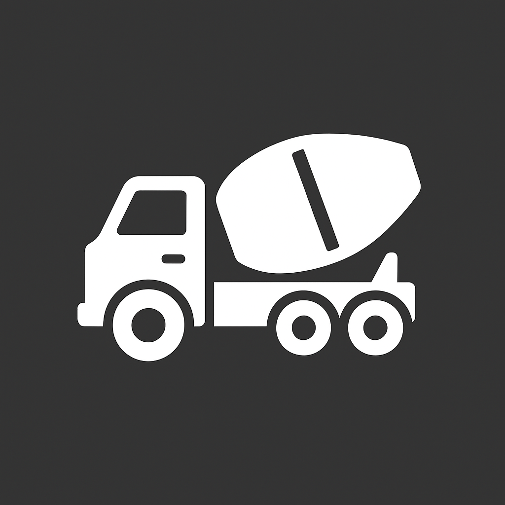 Black and white icon of a cement mixer truck.