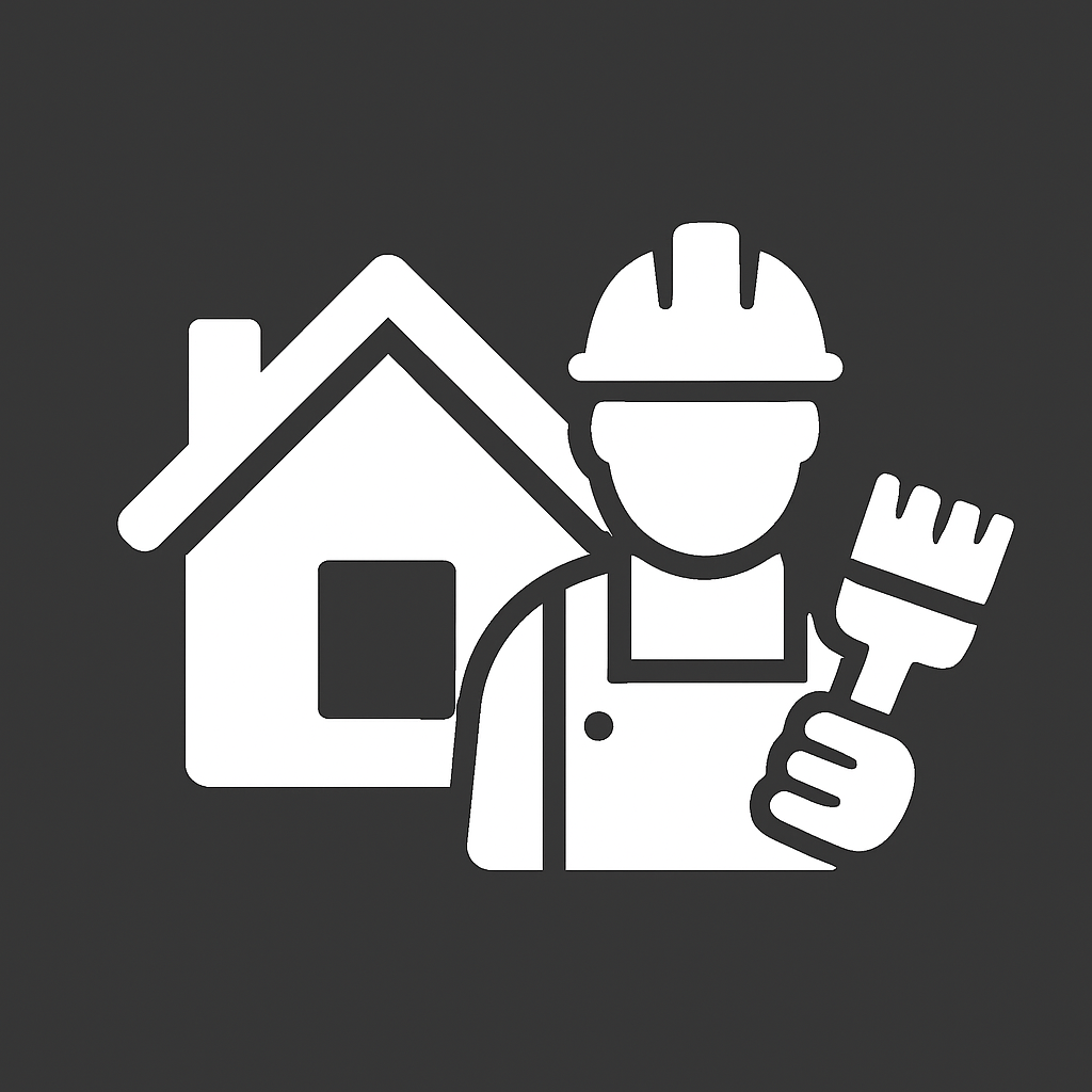 Icon of a person wearing a hard hat and apron holding a paintbrush, with a house in the background.