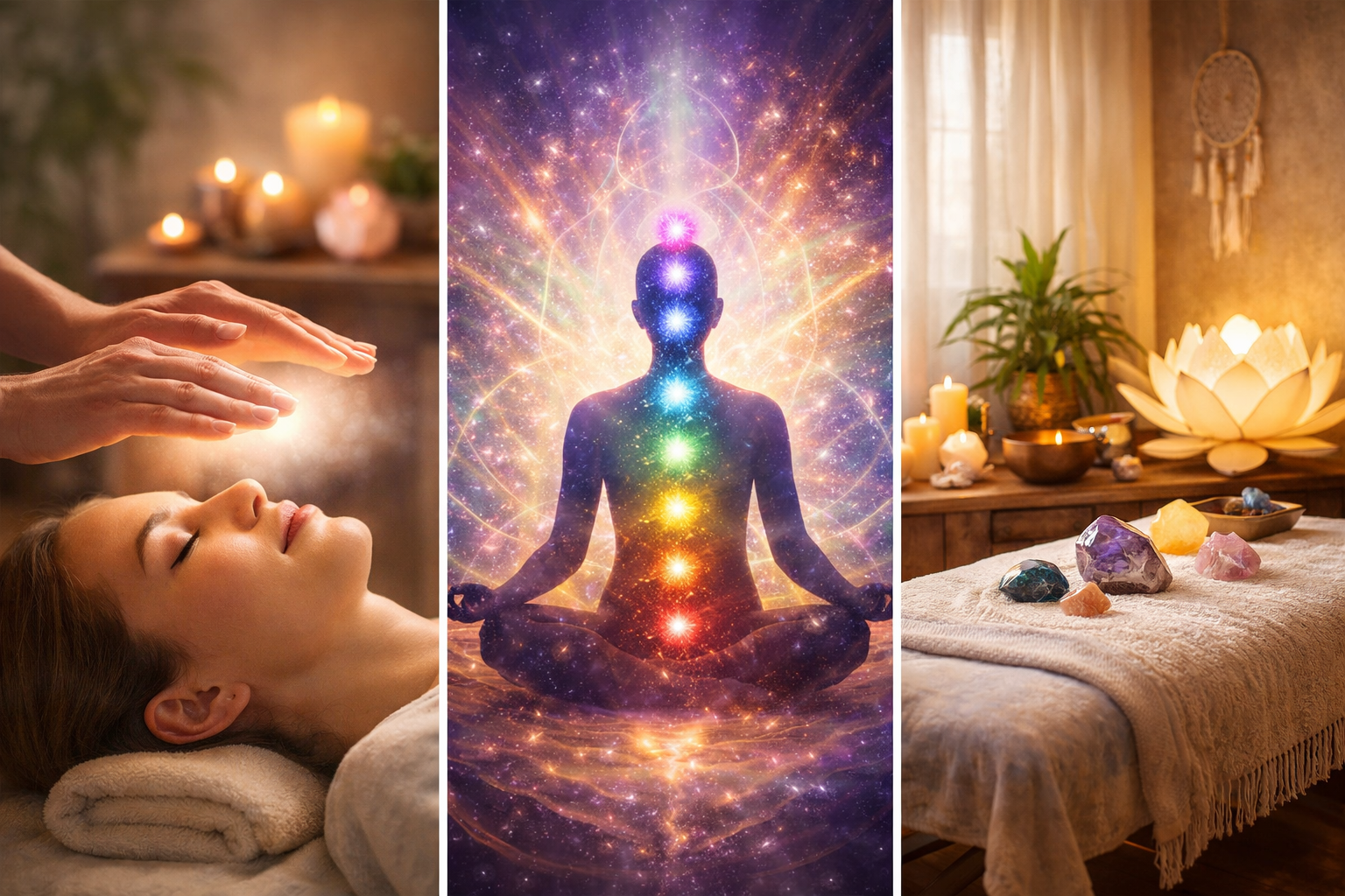 Reiki energy healing session showing gentle hands channeling energy above a relaxed client, symbolizing stress relief, chakra balance, and holistic healing.