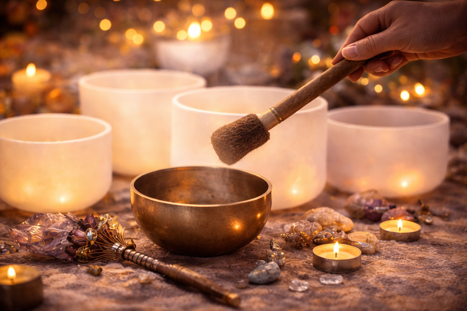 Sound healing session with crystal singing bowls and a mallet, symbolizing vibrational therapy, nervous system calming, and energetic balance.