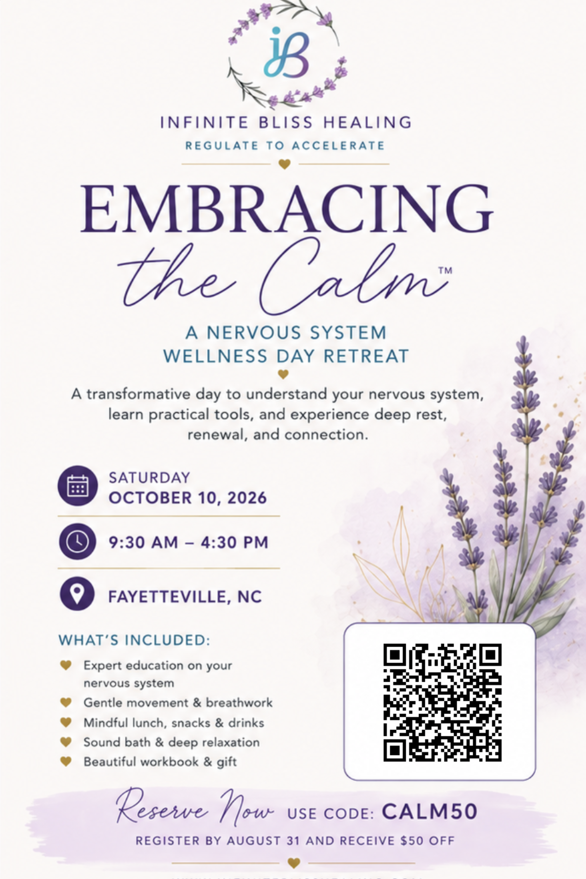 FLyer of Embrace the Calm Nervous System Regulation Wellness Day Retreat Fayetteville North Carolina