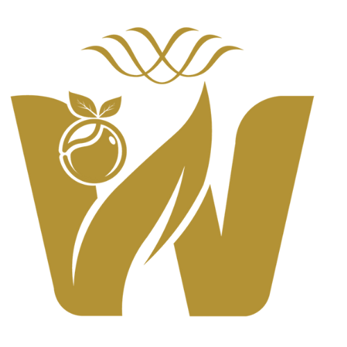 Gold-colored logo with a large 'W', a lemon with leaves, and a stylized leaf above the 'W'.