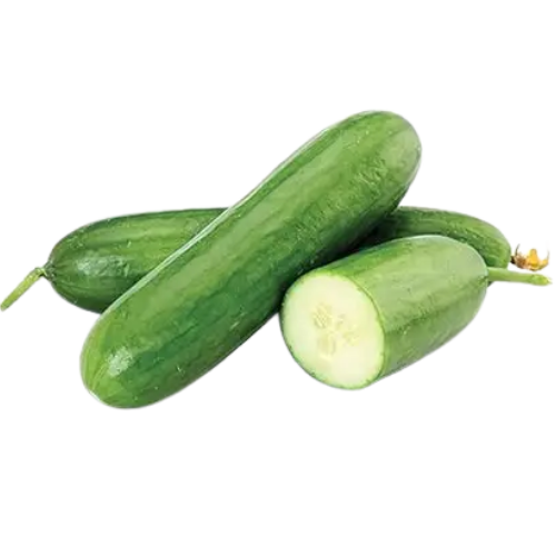 Three cucumbers, one sliced in half, on a white background.