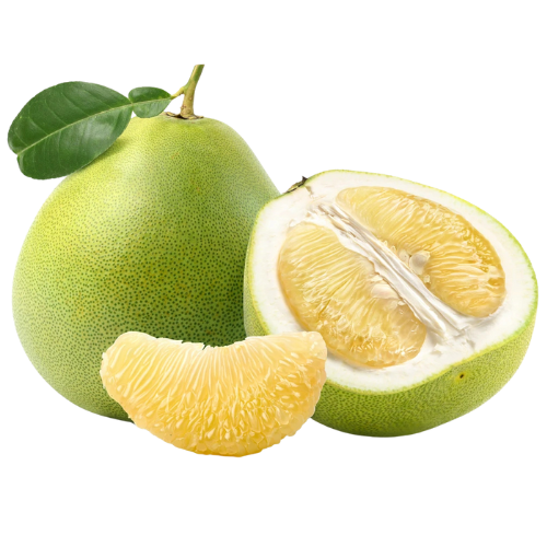 A green pomelo fruit with a leaf, a sliced half showing yellow pulp, and a separated wedge.