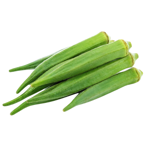 Four fresh okra pods stacked together on a white background.