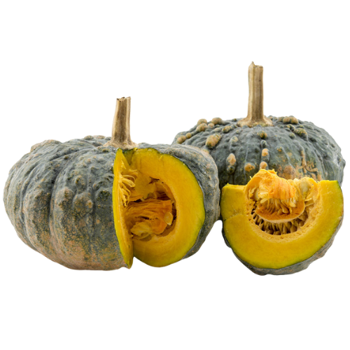 A blue pumpkin with a stem, sliced open to reveal yellow-orange flesh and seeds inside.