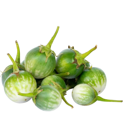 Fresh green and white striped eggplants on a white background.