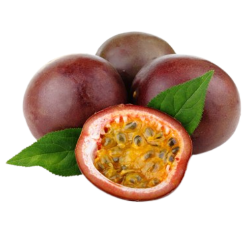 Four whole passion fruits and one half passion fruit with pulp and seeds, along with green leaves.
