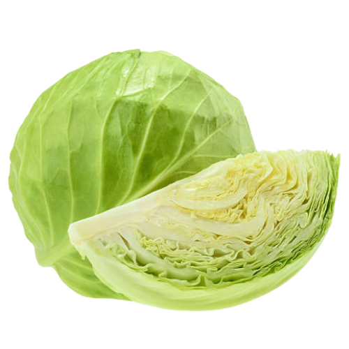 Whole green cabbage and a half-cut green cabbage showing its layered leaves.