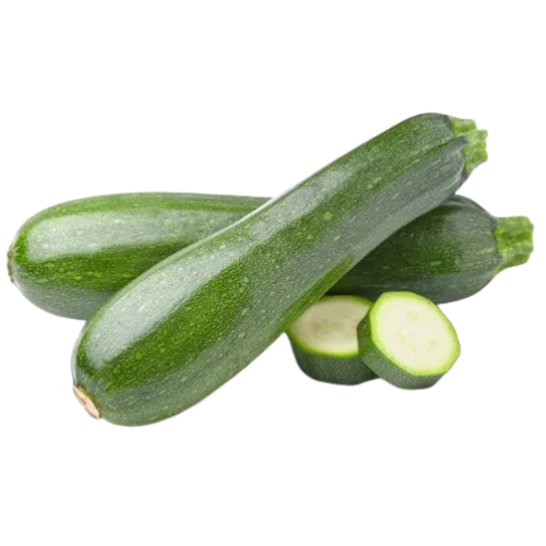 Fresh zucchinis, one whole and two sliced crosswise, placed on a plain white background.