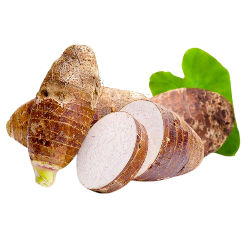 Fresh yams with green leaves.