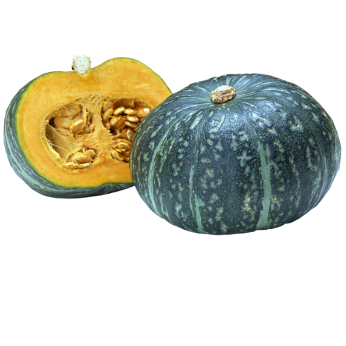 Whole green pumpkin next to a half-cut green pumpkin showing orange flesh and seeds.